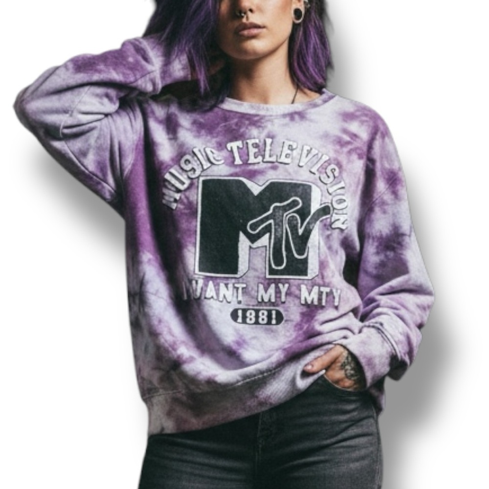 MTV Women’s Y2K Logo I Want My‎ Music Purple Tie Dye Pullover Sweatshirt Size S